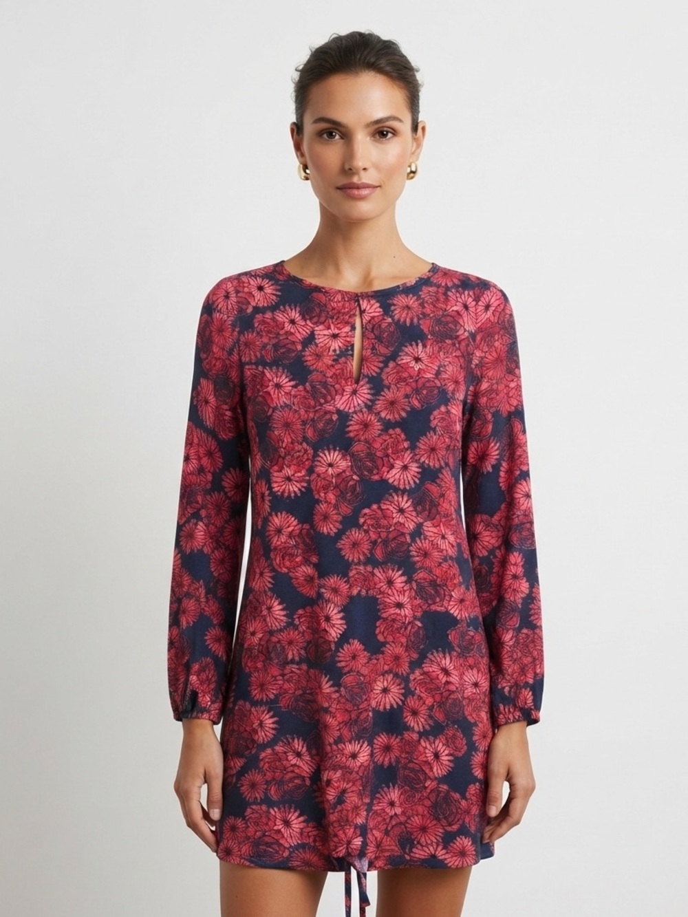 Element Eden Navy Blue Red Floral Lace Up Back Tunic Dress